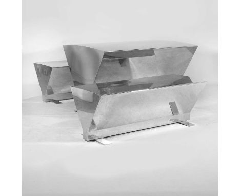 Alexander Rose, a chrome table and bench suite, of recent manufacture, stamped manufacturer's mark and numbered '6/999', comp