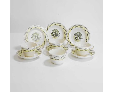 Eric Ravilious (1903-1942) for Wedgwood, three 'Garden' teacups and saucers, with three side plates and a bowl, printed desig