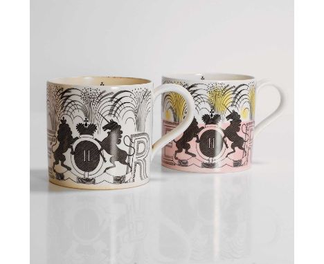Eric Ravilious (1903-1942) for Wedgwood, a pair of 1953 Queen Elizabeth II coronation mugs, printed design and one with a pin