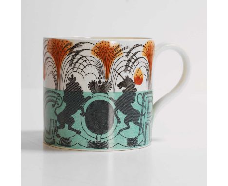 Eric Ravilious (1903-1942) for Wedgwood,  a 1937 King George VI and Queen Elizabeth coronation mug, printed design with a gre