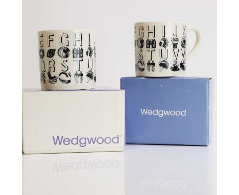 Eric Ravilious (1903-1942) for Wedgwood, a pair of black and white 'Alphabet' cups, printed marks, with boxes,8.5cm high (2)P