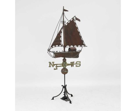 20th century, a copper 'sailboat' weathervane on stand,86cm wide143cm high