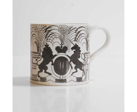 Eric Ravilious (1903-1942) for Wedgwood, a 1953 Queen Elizabeth II coronation mug, printed design, printed and impressed mark