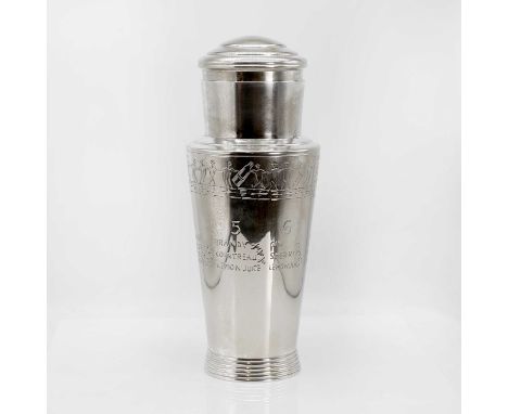 Attributed to Keith Murray, a silver-plated cocktail shaker, 1930-50, engraved with a band of figures and six recipes, stampe