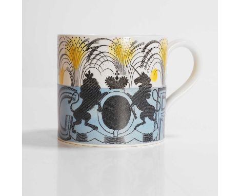 Eric Ravilious (1903-1942) for Wedgwood, a 1937 King George VI and Queen Elizabeth coronation mug, printed design with a blue