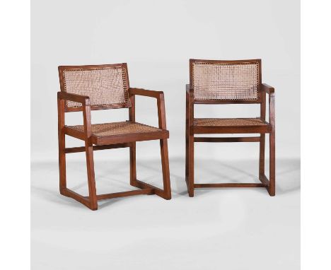 Pierre Jeanneret (Swiss, 1896-1967), a pair of model 'PJ-010201' armchairs, c.1960, designed for Chandigarh, each with a teak