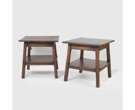 Arts and Crafts, a pair of Japanese style stained oak side tables, possibly for Liberty, 20th century, each with a lower shel