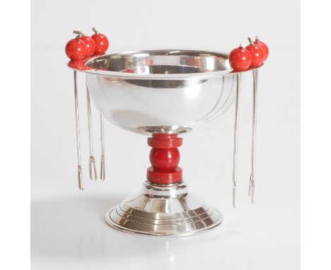 P H Vogel & Co., an Art Deco silver-plated cocktail dish, c.1930, with six cocktail sticks with red Bakelite handles, on a re