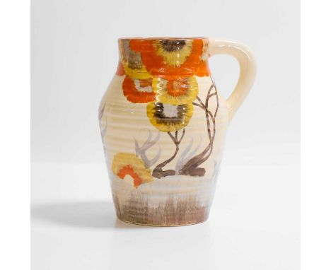 Clarice Cliff (1899-1972), a 'Rhodanthe' jug, 1930s, with a stylised tree landscape in tonal orange and brown, with a streake