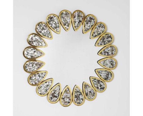 Jonathan Adler (American, b.1966), a 'Petal' wall mirror, a polished brass framework set with mother-of-pearl, printed signat