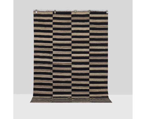 Mid-century-inspired, a kilim flat-weave rug, of recent manufacture, woven with stripes of navy blue, cream and grey,244 x 16
