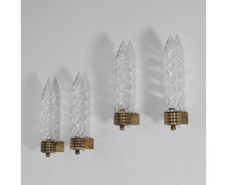Murano, a set of four glass wall lights, possibly Barovier, 1950s, each with a brass mount,6cm wide10.5cm deep including moun