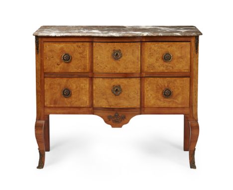 FRENCH TRANSITIONAL STYLE KINGWOOD AND THUYA MARBLE TOPPED COMMODE  EARLY 20TH CENTURY   the shaped mottled brown marble top 