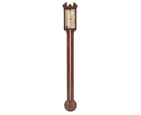 SCOTTISH GEORGE III MAHOGANY STICK BAROMETER, J. DELLA TORE, PERTH  18TH/ EARLY 19TH CENTURY   with an arched pediment above 