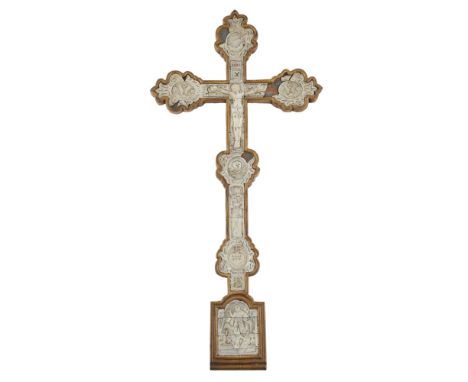 FLEMISH MOTHER-OF-PEARL AND GILTWOOD CRUCIFIX  19TH CENTURY   the giltwood frame enclosing carved panels of mother-of-pearl, 