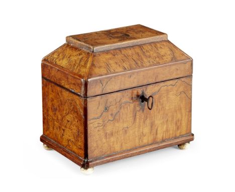 SMALL GEORGIAN BURR ELM TEA CADDY  LATE 18TH/ EARLY 19TH CENTURY   the pitched lid inlaid with the coat of arms for the Coke 