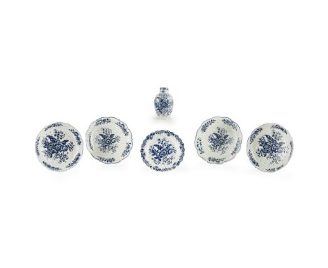 GROUP OF ENGLISH BLUE AND WHITE 'PINECONE' PATTERN DISHES  18TH CENTURY   all with underglaze crescent marks, comprising two 