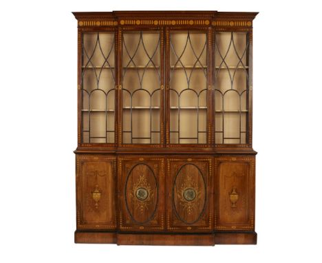 EXHIBITION QUALITY ROSEWOOD, SATINWOOD, MAHOGANY, MARQUETRY EBONISED AND POLYCHROMED BREAKFRONT BOOKCASE  LATE 19TH CENTURY  