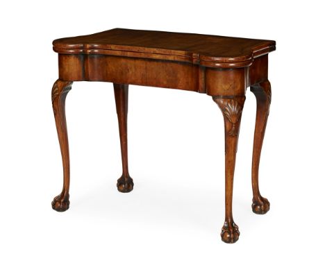 GEORGE I STYLE WALNUT FOLD-OVER CARD TABLE  LATE 19TH CENTURY   the cross and feather banded top with rounded outset corners 