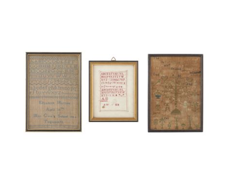 THREE FRAMED NEEDLEWORK SAMPLERS    18TH AND 19TH CENTURY    the first by Jane Gaby, dated 1784, with a quotation above Adam 
