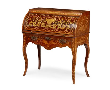 DUTCH ROSEWOOD AND MARQUETRY CYLINDER BUREAU  EARLY 19TH CENTURY   the cylinder front inlaid with a flowering basket and bird