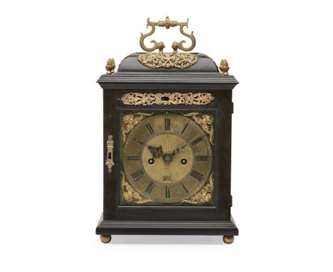 EBONY-VENEERED REPEATING BRACKET CLOCK, THOMAS WARDEN, LONDON  LATE 17TH CENTURY   the cushion moulded top with a brass carry