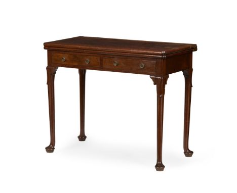 GEORGE II MAHOGANY FOLD-OVER CARD TABLE  18TH CENTURY   the rounded rectangular fold-over top opening on a gateleg to a green