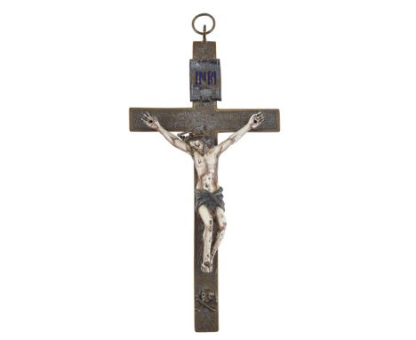 CONTINENTAL ENAMEL AND BRASS CRUCIFIX, PROBABLY LIMOGES  19TH CENTURY   the engraved brass cross with an enamel figure of Chr