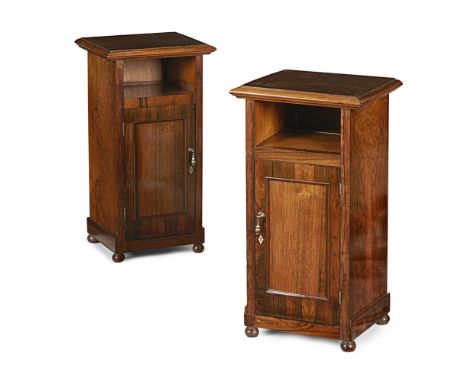 PAIR OF SMALL ROSEWOOD BEDSIDE CABINETS  PART 19TH CENTURY, MADE UP   the moulded rectangular tops above open recesses and pa