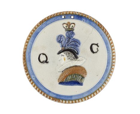 PRATTWARE WALL PLAQUE OF QUEEN CAROLINE  EARLY 19TH CENTURY   the circular plaque moulded in relief depicting Queen Caroline 