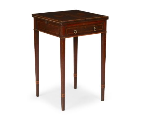 LATE GEORGE III INLAID MAHOGANY CARD TABLE    LATE 18TH CENTURY    the divided hinged top with shell medallion and chevron in