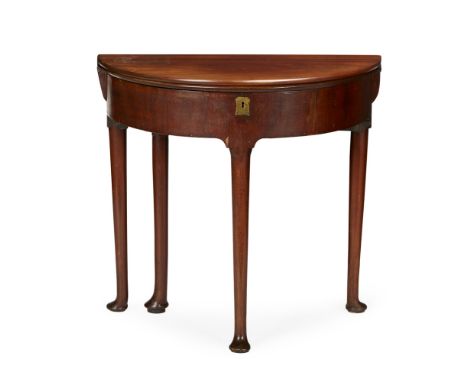 GEORGE II MAHOGANY DEMILUNE CARD TABLE  MID 18TH CENTURY   the hinged top opening to a red baize playing surface with guinea 