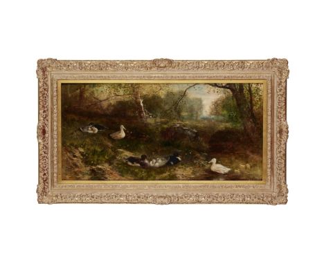 JAMES CRAWFORD THOM (AMERICAN 1835-1898)  DUCKS ON A RIVERBANK   signed, oil on panel  36.5cm x 74cm (14.5in x 29in)