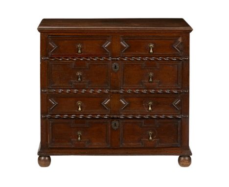 WILLIAM AND MARY OAK CHEST OF DRAWERS  17TH CENTURY   the rectangular top with a moulded edge above four long panel moulded d