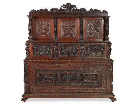 CARVED WALNUT AND OAK SIDE CABINET  19TH CENTURY INCORPORATING 16TH/ 17TH CENTURY PARTS   the carved pediment over a tiered b