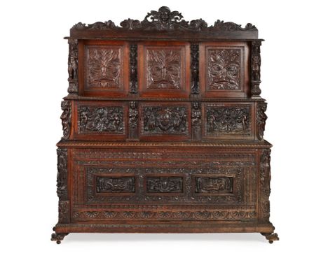 CARVED WALNUT AND OAK SIDE CABINET  19TH CENTURY INCORPORATING 16TH/ 17TH CENTURY PARTS   the carved pediment over a tiered b