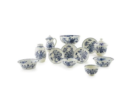 GROUP OF ENGLISH BLUE AND WHITE PORCELAIN  18TH CENTURY   variously marked, some with underglaze crescent marks; comprising a