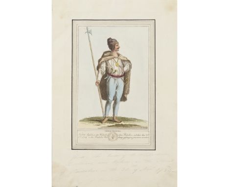 GROUP OF SIXTEEN EUROPEAN COSTUME STUDIES  LATE 18TH/ EARLY 19TH CENTURY   hand-coloured engravings with inscriptions, includ