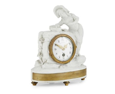 SÈVRES BISCUIT PORCELAIN MANTEL TIMEPIECE, PIERRE LENOIR, PARIS  19TH CENTURY   the white enamel Arabic number dial set in a 