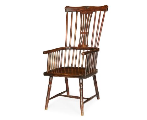 ELM STICK-BACK WINDSOR ARMCHAIR  LATE 18TH CENTURY   the top rail above a central pierced splat and spindle back, with a curv