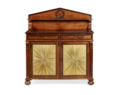 GEORGE IV ROSEWOOD CHIFFONIER  EARLY 19TH CENTURY   the superstructure with an arch pediment centred by a carved laurel wreat