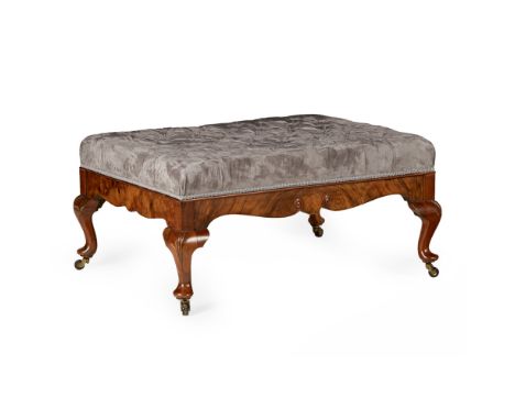 VICTORIAN WALNUT FRAMED STOOL  19TH CENTURY   the rectangular top covered in modern grey plush buttoned upholstery, over a sh