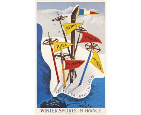 VECOUX  WINTER SPORTS IN FRANCE   lithograph in colours, 1947, not backed  102cm x 64cm (40in x 25in)