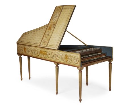 DOUBLE MANUAL POLYCHROMED HARPSICHORD  LATE 19TH/ EARLY 20TH CENTURY   with ebony major and ivory minor keys, the yellow pain