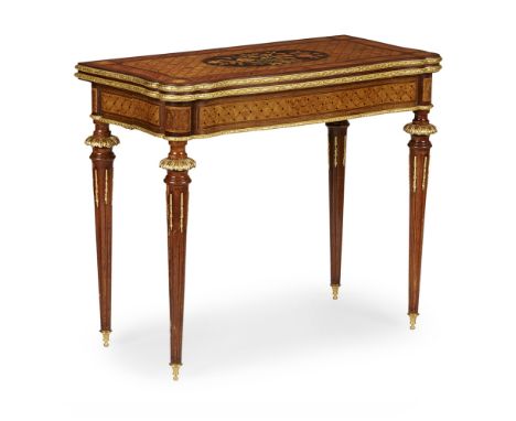 GOOD VICTORIAN AMARANTH, KINGWOOD, PARQUETRY AND MARQUETRY FOLD-OVER GAMES TABLE  LATE 19TH CENTURY   the top centred by an o