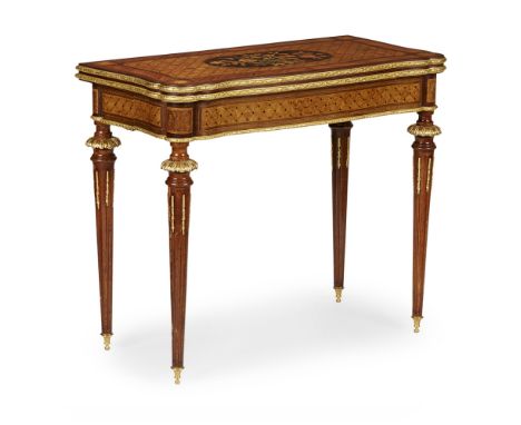 GOOD VICTORIAN AMARANTH, KINGWOOD, PARQUETRY AND MARQUETRY FOLD-OVER GAMES TABLE  LATE 19TH CENTURY   the top centred by an o