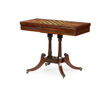 FINE VICTORIAN ROSEWOOD AND TUNBRIDGEWARE FOLD-OVER GAMES TABLE, ATTRIBUTED TO EDMUND NYE  MID 19TH CENTURY   the rectangular