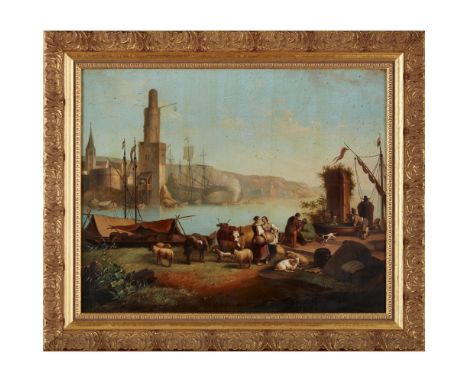 FOLLOWER OF NICOLAES BERCHEM (DUTCH 1621-1683)  PEASANTS AND ANIMALS ON A QUAYSIDE, BEACHED WARSHIPS BEYOND   oil on metal pa