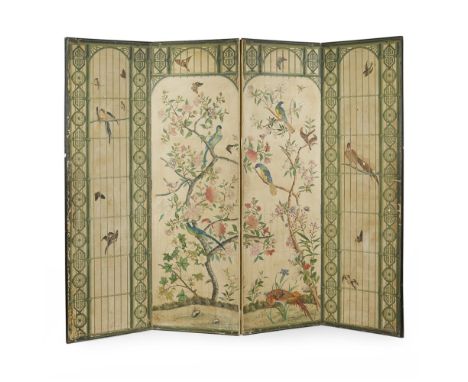CHINESE WALLPAPER FOUR PANEL FLOOR SCREEN  LATE 18TH/ EARLY 19TH CENTURY   hand painted depicting exotic birds and butterflie