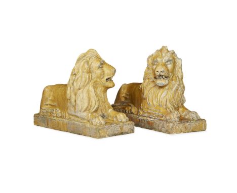 PAIR OF SCOTTISH GLAZED STONEWARE MODELS OF RECUMBENT LIONS BY R. BROWN & SON, FERGUSLIE FIRECLAY WORKS, PAISLEY  SECOND HALF